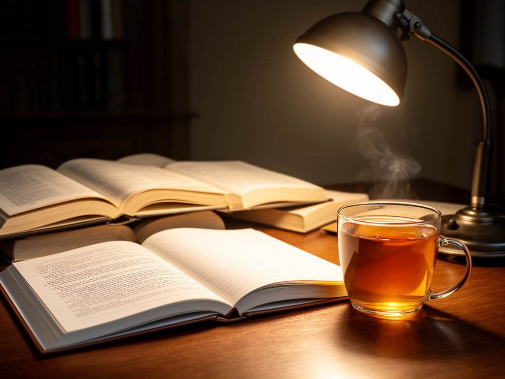 Bureau de travail avec livres ouverts, cahier de notes et tasse de thé, lumière de lampe de bureau chaude créant une atmosphère studieuse et sérieuse évoquant la recherche et l'apprentissage