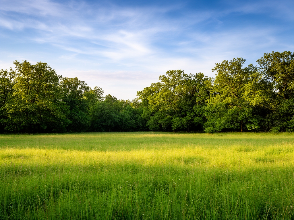 Paysage naturel serein avec prairie verdoyante, arbres en arrière-plan et ciel bleu avec nuages légers, lumière douce de fin d'après-midi créant une atmosphère paisible et inspirante
