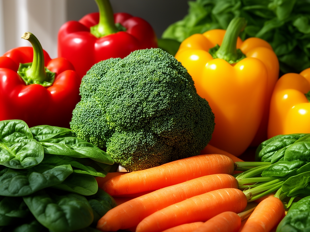 Gros plan sur un assortiment de légumes frais colorés incluant brocoli vert vif, poivrons rouges et jaunes, carottes orangées et épinards, lumière naturelle latérale révélant les textures et détails des végétaux