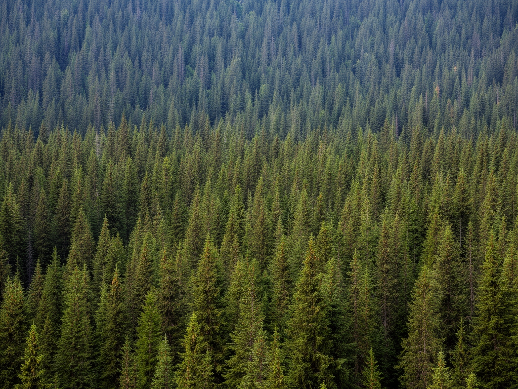 Forêt dense de conifères vus d'en bas avec cimes d'arbres encadrant un ciel bleu profond, rayons de lumière solaire traversant le feuillage créant des effets de lumière dramatiques et une atmosphère de profondeur naturelle