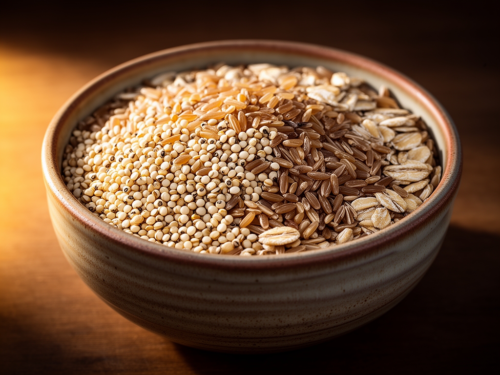 Bol rustique en céramique rempli de céréales complètes variées incluant quinoa, riz brun et avoine, lumière chaude latérale accentuant les textures naturelles des grains et la profondeur du bol