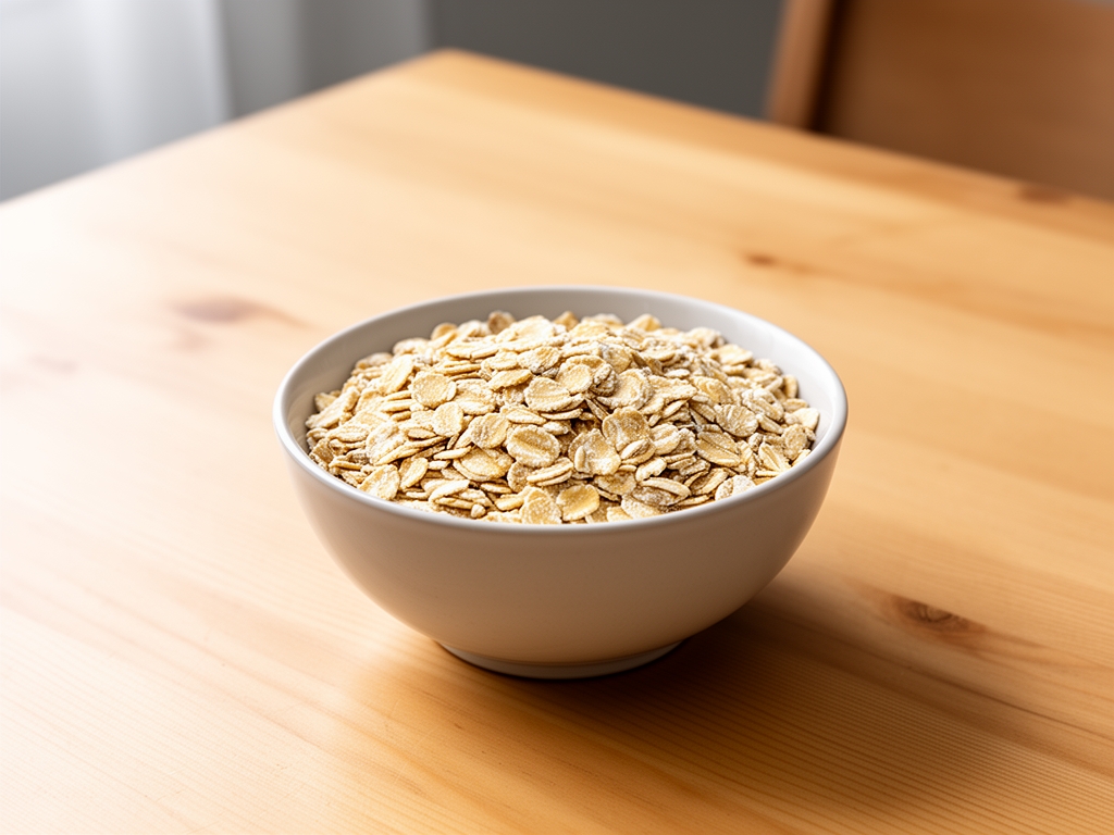 Petit déjeuner sain disposé sur une table en bois clair incluant un bol de flocons d'avoine avec des fruits frais, un verre de jus d'orange et des noix, lumière naturelle du matin venant d'une fenêtre