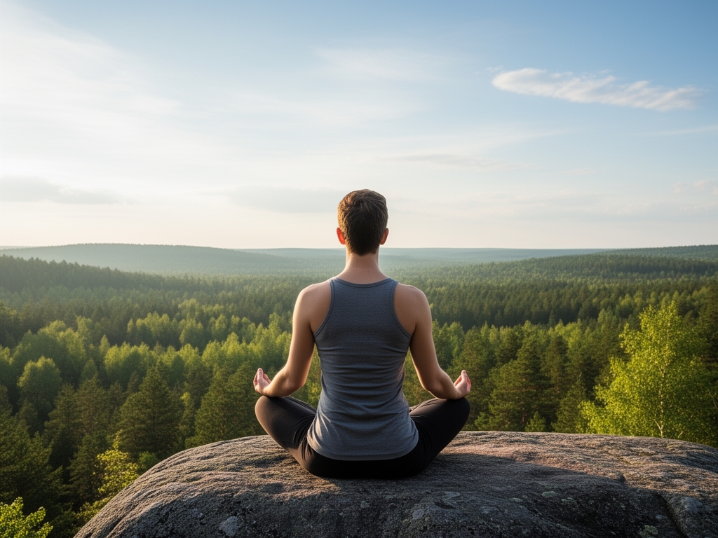 Personne assise en position de méditation sur un rocher face à un paysage naturel avec forêt et ciel ouvert, lumière du matin créant une atmosphère de calme et de réflexion intérieure