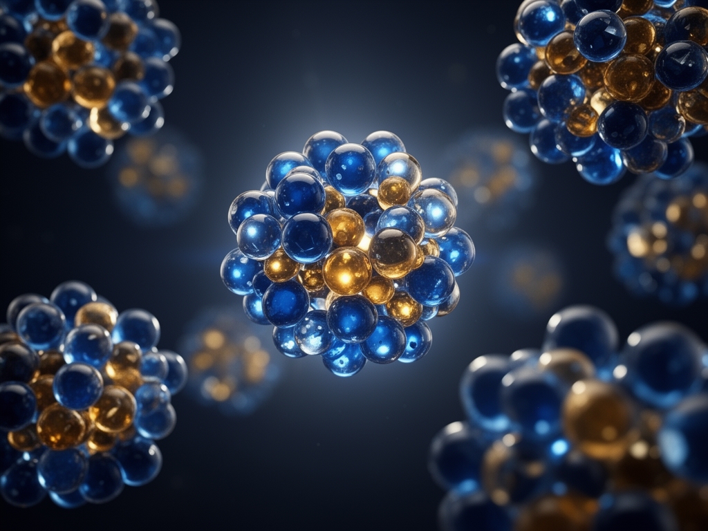 Visualisation abstraite de structures moléculaires sphériques translucides en bleu profond et doré, représentant des composés nutritionnels, fond sombre avec effets de lumière focalisée